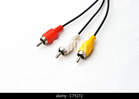 3 color av cable hanging down on faded white background Stock Photo