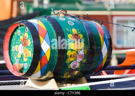 A Wooden painted Traditional Keg on the top of a narrowboat Stock Photo