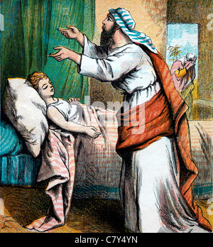 Bible Stories- Illustration Of Elijah Praying To The Lord To Revive The Widow Of Zarephath's Son Stock Photo