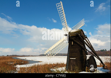 Winter scene of Herringfleet Smock Mill (Windpump), The Norfolk and Suffolk Broads, River Waveney, Suffolk, England, United Kingdom Stock Photo