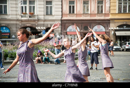 August 2011 - Czech Republic - Dance Exhibition of young female teen in the Old Town Square. Stock Photo