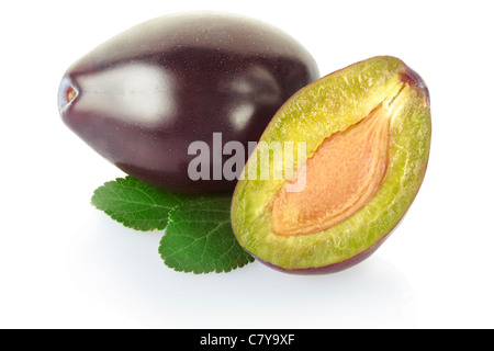 Plum with leaves isolated Stock Photo