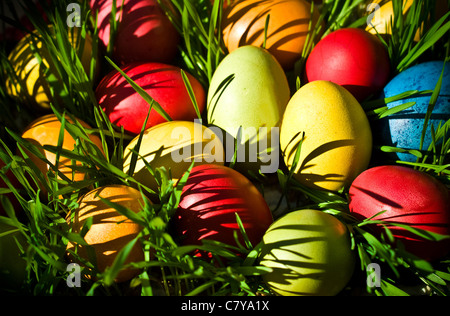 Eggs of the Christian Easter celebration set up in the grass Stock Photo