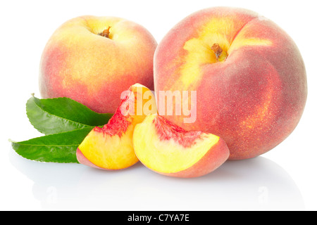 Peach fruit with leaves Stock Photo