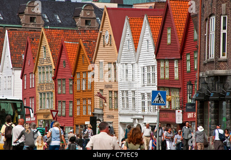 Bergen's old wharf district, Bryggen, wooden warehouse facades in Hanseatic styles and colors Stock Photo