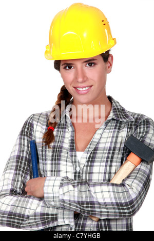 Woman with hammer and chisel Stock Photo