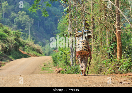 Khmu hill tribe in Laos, old woman walking on gravel road carrying firewood Stock Photo