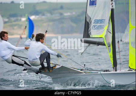Gordon Cook and Hunter Lowden (CAN), Sailing Olympic Test Event, 49er men's skiff Class, Weymouth, England Stock Photo