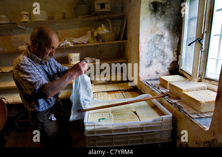 Guglielmo Locatelli in the laboratory of his dairy pasture, Taleggio valley, Lombardy, Italy Stock Photo