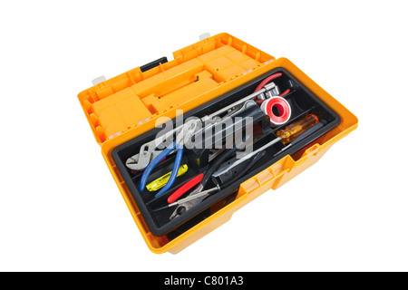 Open house hold tool box with a variety of tools. Stock Photo