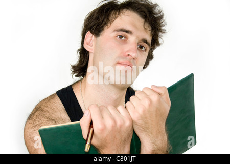 Young man holding Notebook for records. Stock Photo