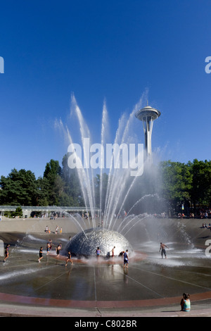 The International Fountain and Space Needle in Seattle, Washington. Stock Photo
