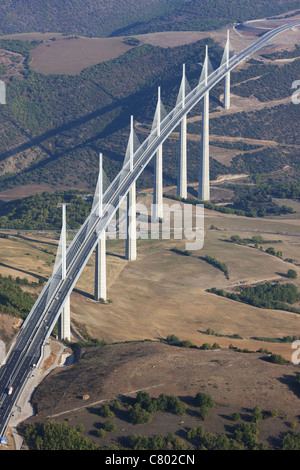 AERIAL VIEW. A75 highway on a multiple-span cable-stayed bridge spanning the Tarn Valley. Millau Viaduct, Creissels, Aveyron, Occitanie, France. Stock Photo