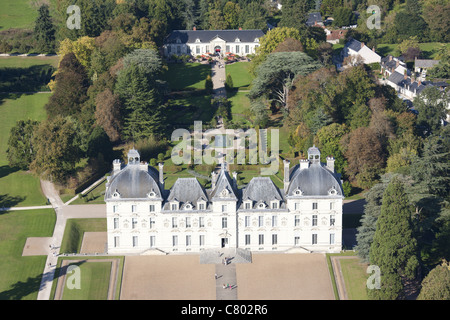 AERIAL VIEW. 17th century Cheverny Castle. On the UNESCO world heritage list. Loir-et-Cher, Centre-Val de Loire, France. Stock Photo
