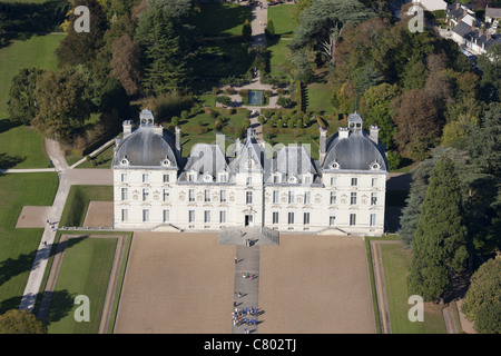AERIAL VIEW. 17th century Cheverny Castle. On the UNESCO world heritage list. Loir-et-Cher, Centre-Val de Loire, France. Stock Photo