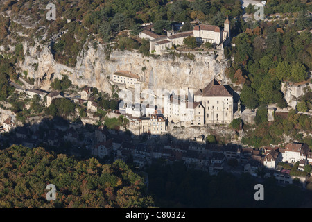 An Aerial View Of The Rocamadour Sanctuary Castle On Cliff At Night 