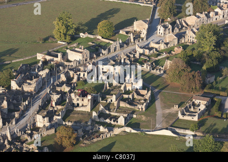 AERIAL VIEW. Site of a WWII massacre; German soldiers killed all 642 inhabitants, including children. Oradour-sur-Glane, Nouvelle-Aquitaine, France Stock Photo