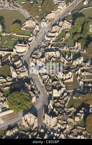 AERIAL VIEW. Site of a WWII massacre; German soldiers killed all 642 inhabitants, including children. Oradour-sur-Glane, Nouvelle-Aquitaine, France Stock Photo