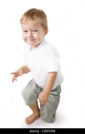 Fallen smile boy isolated background on white. Stock Photo