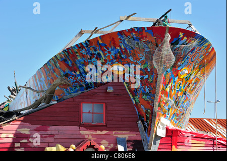 Decorated boat as work of art and artist's home in the harbour of L'Herbaudière, Île de Noirmoutier, La Vendée, Pays de la Loire Stock Photo