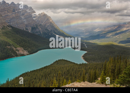 Stormy fall day with rainbow over Peyto Lake-Banff National Park, Alberta, Canada. Stock Photo
