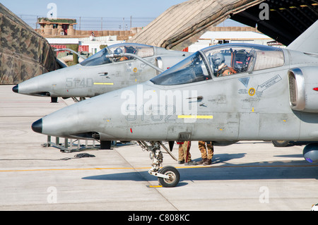 Italian Air Force AMX fighter aircraft are prepared for deployment. Stock Photo