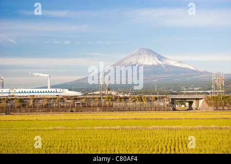 Bullet Train passing by Rice Field and Mount Fuji Stock Photo