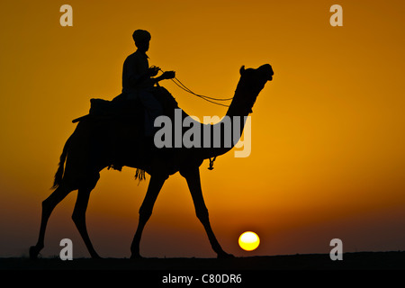 Silhouette of man and camel sunrise Thar Desert near Khuri Rajasthan India Stock Photo