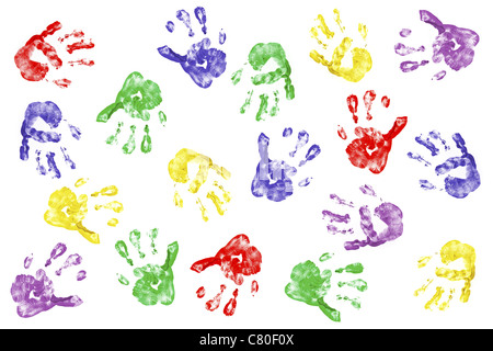 Kids handprints with fingerpaint isolated on white Stock Photo