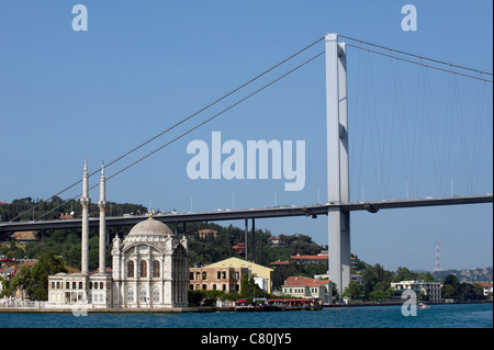 Turkey, Istanbul, Bosphorus European Side, Ortakoy Mosque background Ataturk bridge Stock Photo