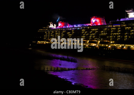 The Disney Dream cruise liner on its way from the Meyerwerft in Papenburg, Germany.