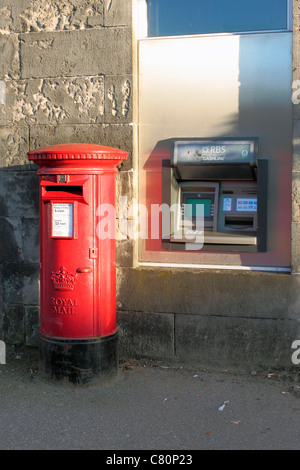 Rothes Post Office, Scottish Crown large Pillar Box and ATM Stock Photo