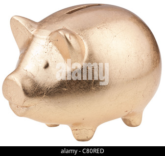 Golden money box isolated on a white background. Stock Photo