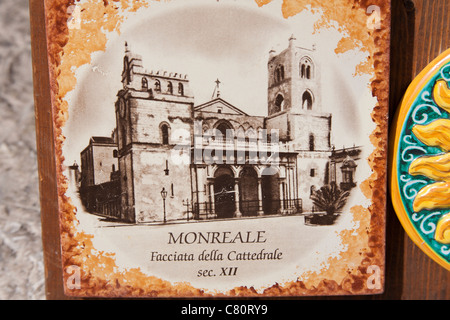 Monreale Cathedral depicted on a ceramic tile, Monreale, near Palermo, Sicily, Italy Stock Photo