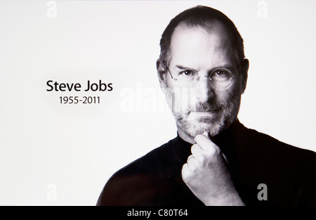 Steve Jobs co-founder of Apple dies at the age of 56. Seen here on one of his iconic Mac products. Stock Photo