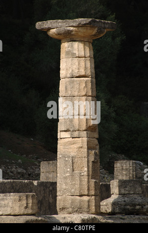 Temple of Hera (Heraion). Doric style. Peripteral and hexastyle. 6th century B.C. Doric column. Olympia. Greece. Stock Photo