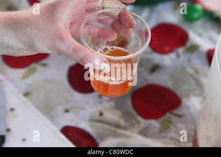 Freshly pressed apple juice held in front of an apples table cloth Stock Photo