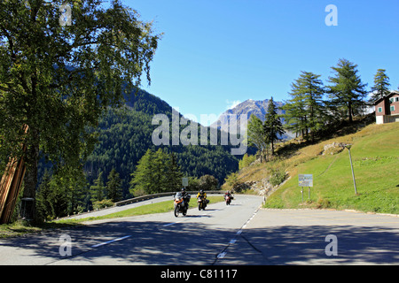 Motor cyclists at Forclaz in the Rhone valley alpine region of western Switzerland.