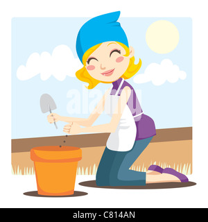 Blonde woman planting flower seeds in a pot with a small shovel Stock Photo