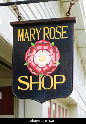 Sign forthe Mary Rose museum shop in Portsmouth Historic Dockyard, Portsmouth, Hampshire, England, UK Stock Photo