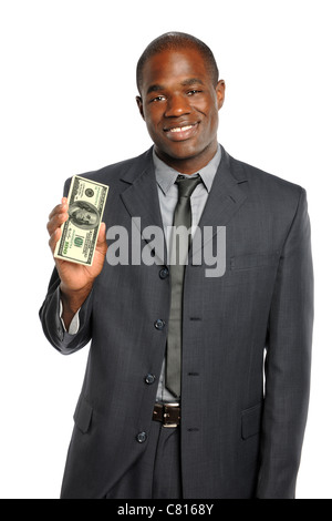 African American businessman holding stack of one hundred dollar bills ...