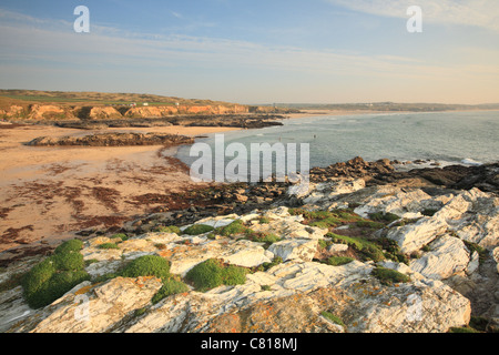 View from rocks at Godrevy beach across St Ives Bay, North Cornwall, England, UK Stock Photo