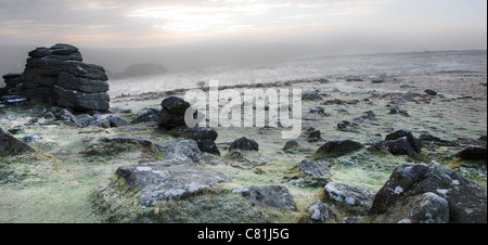 View from Hound Tor, Dartmoor National Park early morning in January. A peaceful image with no people on a frosty morning Stock Photo