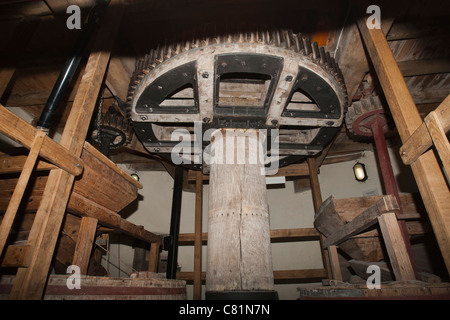 Drive shaft and internal working mechanisms of Heage windmill, Derbyshire, England, UK Stock Photo