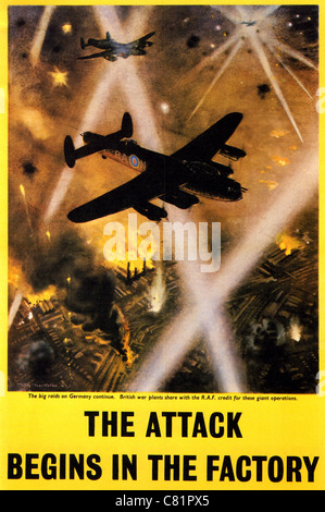 THE ATTACK BEGINS IN THE FACTORY - British WW2 poster showing Lancaster bombers in a night attack on factories Stock Photo