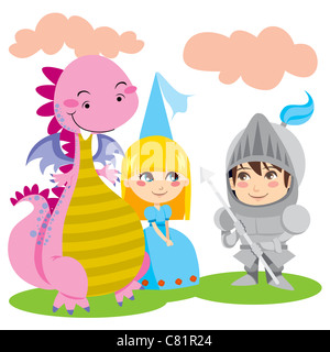 Knight in steel armor talks with pretty blond princess and her pink dragon friend Stock Photo