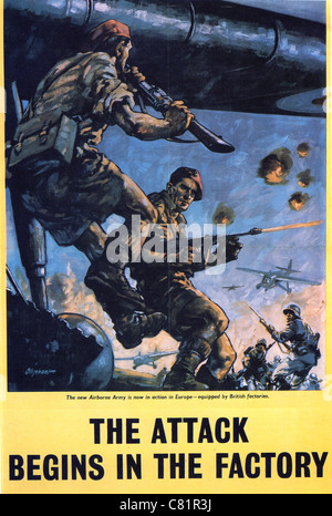 THE ATTACK BEGINS IN THE FACTORY  One of series of British WW2 posters with the same title and differing images. See Description Stock Photo
