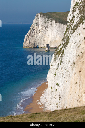 Chalk coastal cliffs in Dorset near Durdle Door looking towards Bat's Head and the small natural arch of Bat's Hole Stock Photo