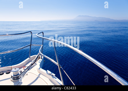 Boat bow sailing in blue Mediterranean sea in summer vacation Stock Photo