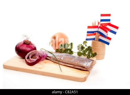 Typical Dutch salted herring called maatje or zoute haring Stock Photo